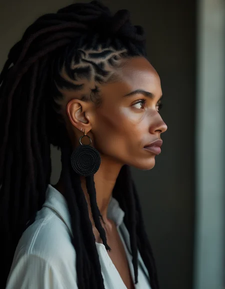 A contemplative profile of a woman with dark brown dreadlocks pulled back, her high cheekbones and strong jawline softened by her thoughtful expression, her deep brown eyes focused inward, lost in deep thought. <lora:usual-portrait-v2:1>