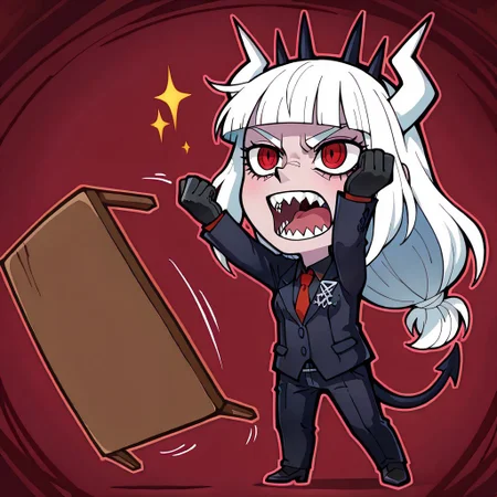 masterpiece, best quality, newest, absurdres, highres, anime, anime style, colorful, sticker, outline, chibi, Table-Flip-IL.V1.0, table, table flip,
1girl, lucifer \(helltaker\), black suit, red necktie, black collared shirt, black gloves, blunt bangs, demon horns, demon girl, demon tail, sharp teeth, red eyes, white hair, long hair