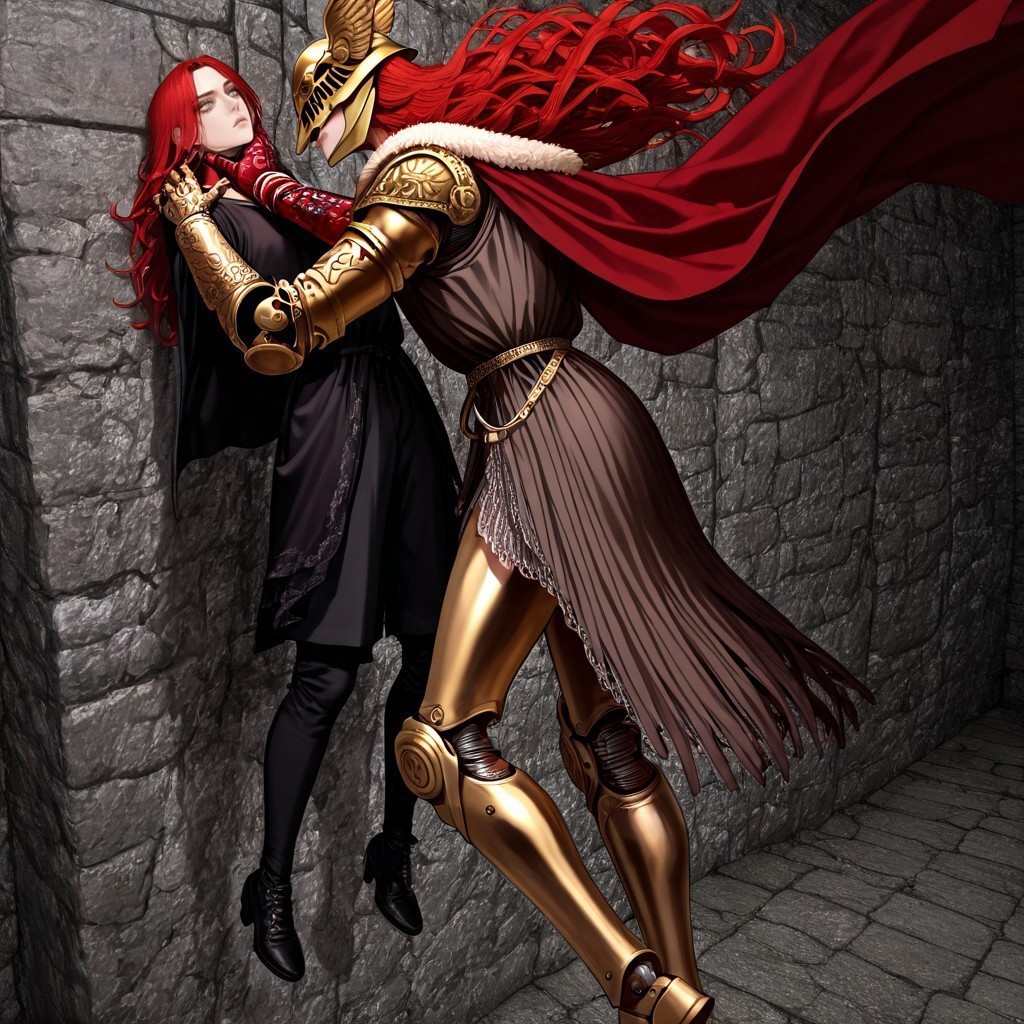 masterpiece, best quality, newest, absurdres, highres, anime, anime style, 
((1girl, malenia blade of miquella, floating hair, red hair, long hair, prosthetic leg, armor, gold armor, winged helmet, armor, red cape, prosthetic arm, single mechanical arm, 

neck grab, hand on another's neck, chokehold, choke hold, lifting person, NLV1.0))

BREAK

1boy, dangling legs, lifted, suspended,