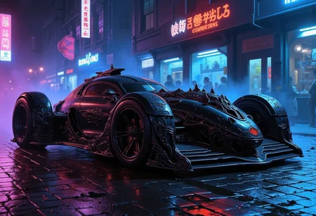A futuristic brutal black car with an ornate, gothic-inspired design, resting on a wet street, illuminated by neon reflections on the rain-soaked cobblestones. The custom-made vehicle boasts a streamlined body with large, bold, low-profile wheels that exude power and precision. Its intricate massive metallic details feature sculpted ornamentation, blending gothic elegance with high-tech futurism. Dramatic lighting cuts through the foggy night, casting long shadows and creating a striking color contrast of glowing neon blues and purples against the sleek black surface of the car. The scene combines gothic sci-fi with Renaissance aesthetics, framed as a masterpiece painting of futuristic high-tech beauty.,deep contrasting shadows, gloss,
detailed,vibrant,colorful,color contrast,(dramatic lighting),Picture-perfect image, fog,light particles,expressive,cinematic,((no humans)),UHD,absurdes,visionary,scifi noir. crimson and cyan,close-up,zoomed,centered