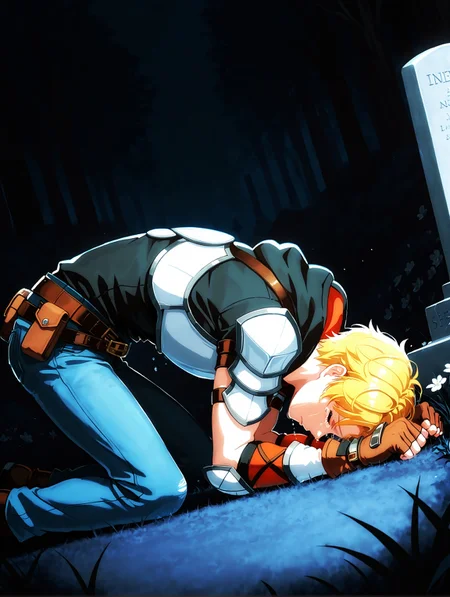 masterpiece, very aesthetic, best quality, amazing quality, dynamic angle, solo, 25 years old, imtdjaunearcil, 1boy, fit body, blonde hair, short hair, armor, gloves, pants, belt, hood, fingerless gloves, brown gloves, jeans, denim, hoodie, hood down, shoulder armor, beautiful background, dark background, night, nature, cemetery, in a cemetery, in front of a grave, grave, sad atmosphere, flowers on the grave, from side, on the ground, crying, head bowed, forehead against the ground, eyes closed, many tears, arms on the ground, infinite sadness, sad, very expressive, clenched fists
