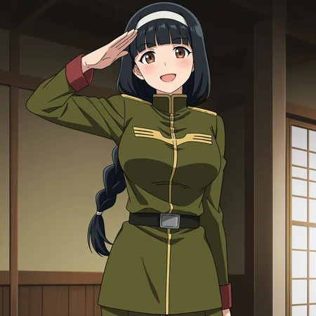 masterpiece, best quality, amazing quality, anime screencap, 1girl, solo, standing, cowboy shot, looking at viewer, salute, smile, open mouth, <lora:Kergerenko08:0.9>, Kergerenko08, black hair, blunt bangs, single braid, hairband, brown eyes, large breasts, green military uniform, green pants