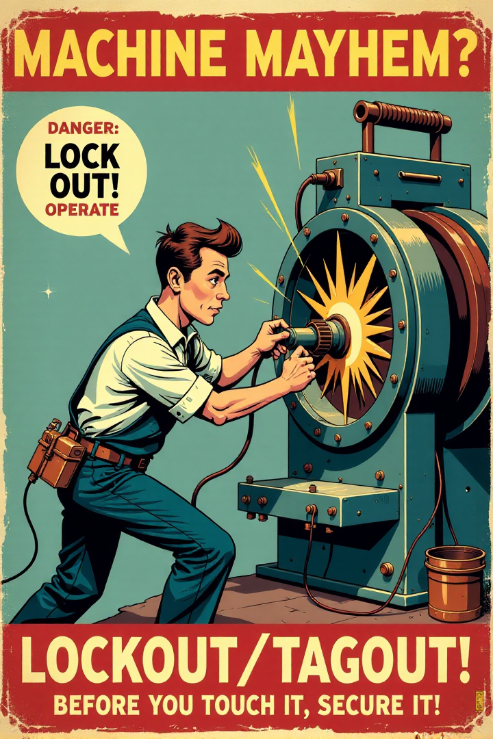 "Vintage safety sign illustration of a cartoon worker attempting to repair a complex, sparking machine without locking out the power source.  He is reaching directly into the machine's gears and belts with his hands, ignoring a prominent 'DANGER - DO NOT OPERATE' tag flapping uselessly nearby, power cord still plugged in.  Electrical sparks are flying from the exposed machinery, and his face is a mixture of overconfidence and impending disaster.  The sign text in vintage bold letters demands: 'MACHINE MAYHEM? LOCK IT OUT!  LOCKOUT/TAGOUT - BEFORE YOU TOUCH IT, SECURE IT!' Render in a dynamic, vintage cartoon style, emphasizing the mechanical complexity of the machine and the imminent danger of moving parts.  Use a color palette of metallic greys and warning reds and yellows to highlight the machinery and danger points. Visually stunning vintage cartoon, clear lockout/tagout safety message, high detail in machine parts and sparking effects." <lora:REMEs_War_Poster_Style:0.9> In REME's War Poster Style,âââ