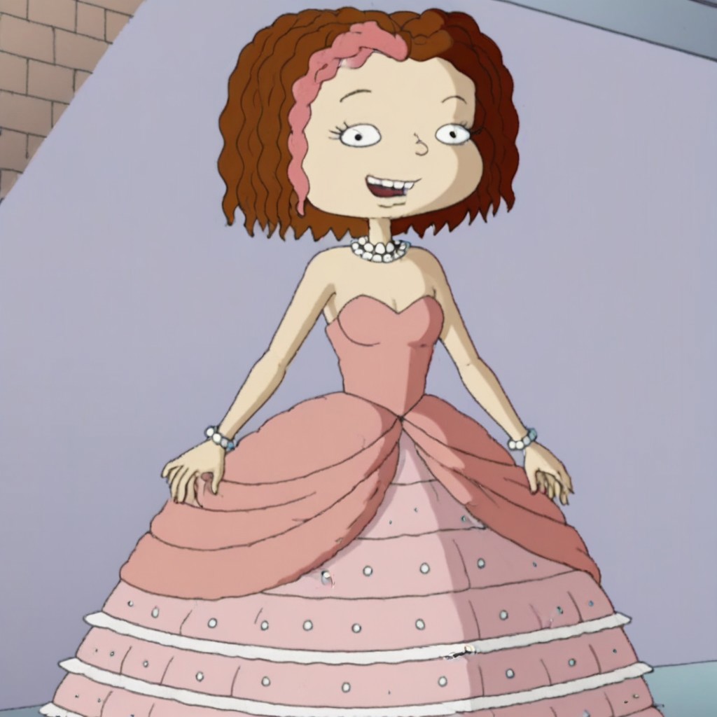 1girl, solo, short hair, brown hair, two-tone hair, pink hair, black eyes, Very long large straight tulle pink princess ball gown hoop skirt, ball gown hoop skirt, pink princess dress, white pearl necklace, hoopdress, my big princess gypsy wedding dress, ballgown, a girl in a dress posing like a princess for a picture, wearing a sleeveless ballgown, looking at viewer