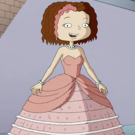 1girl, solo, short hair, brown hair, two-tone hair, pink hair, black eyes, Very long large straight tulle pink princess ball gown hoop skirt, ball gown hoop skirt, pink princess dress, white pearl necklace, hoopdress, my big princess gypsy wedding dress, ballgown, a girl in a dress posing like a princess for a picture, wearing a sleeveless ballgown, looking at viewer