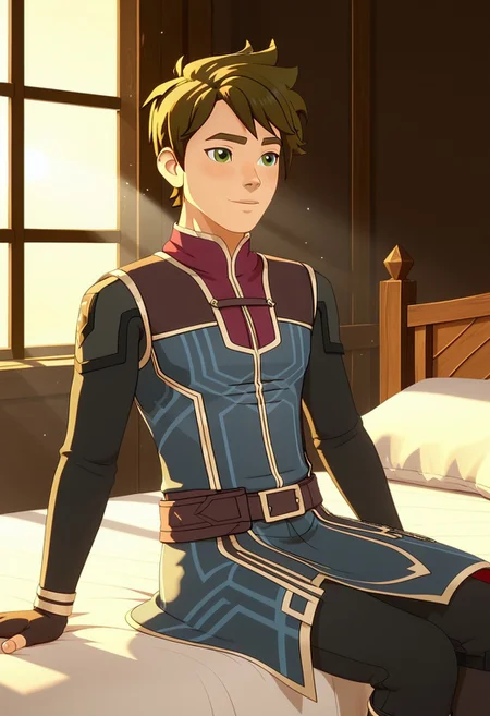 Score_9, Score_8, Score_7, TDPStyle, Callum, Messy Hair, Green Eyes, Blue Mage Outfit, sitting on a bed,, with sunlight filtering through the windows,