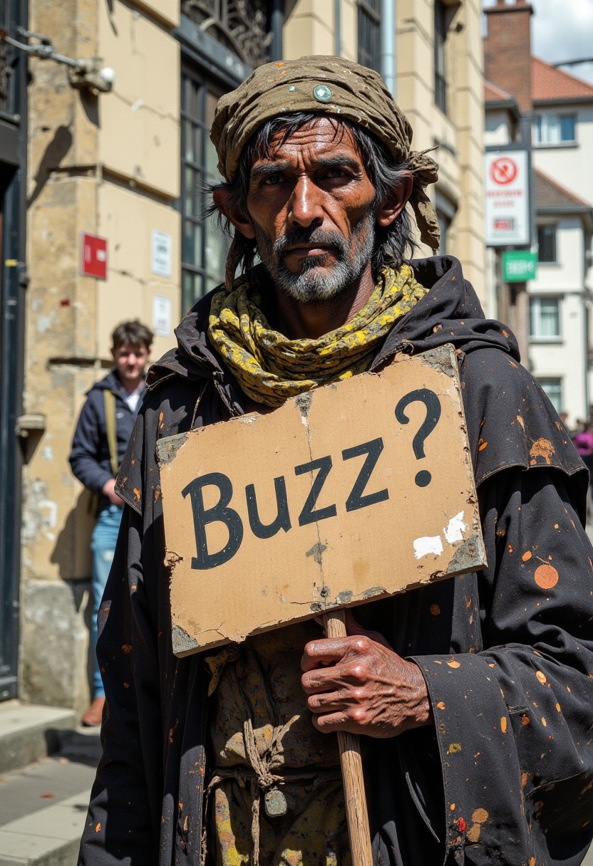 A poor beggar holding a sign that reads "Buzz?", CAICO