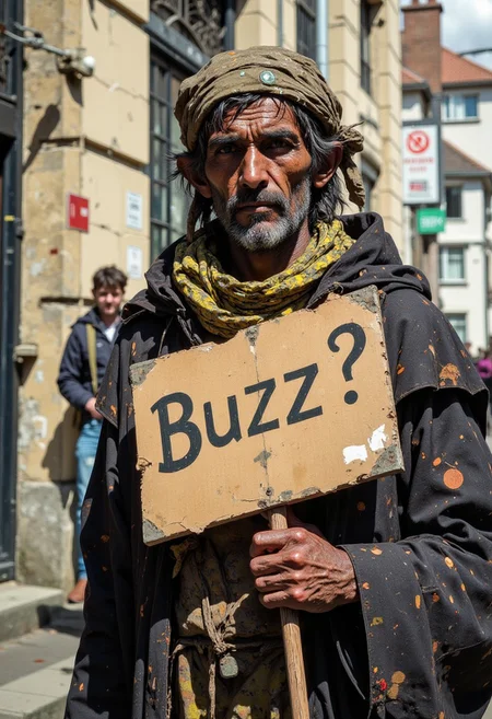 A poor beggar holding a sign that reads "Buzz?", CAICO