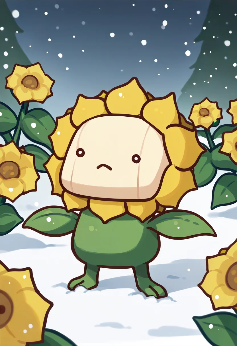 score_9, score_8_up, score_7_up, source_anime, <lora:Phdpigeon_XLPD:1.1> chibi, dot eye, <lora:SunfloraPKMN-pdxl:1> sfl0r, pokemon \(creature\), no humans, yellow flower, closed mouth, snow