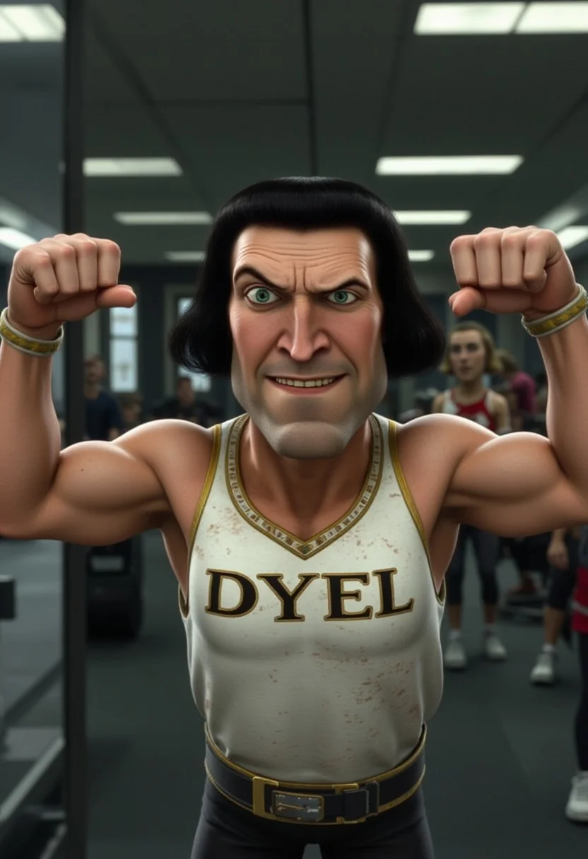 A photorealistic depiction of Lord Farquaad at the gym, taken to absurd extremes. Farquaad is comically over-muscular, with exaggerated, rippling veins and bulging muscles that look almost too large for his small frame. He stands confidently in front of a massive mirror, flexing his biceps while grinning smugly. He’s wearing a tight, sweat-soaked tank top that reads 'DYEL' in bold, slightly cracked lettering, stretched comically over his barrel-like chest. His ridiculously tiny legs, in contrast to his massive upper body, add to the humor of the scene. The gym background is filled with typical equipment, and in the distance, other gym-goers stare in awe or confusion at the surreal sight
