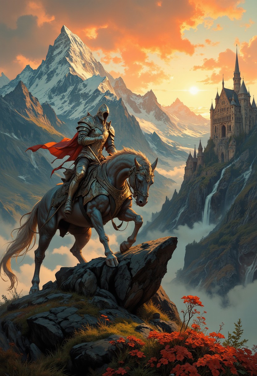 8k high quality digital painting , masterpiece, very detailed, ultra realistic, (best quality) very detailed epic masterpiece, 
unearthly beautiful, a breathtakingly beautiful landscape in the French Alps, in the foreground a shiny knight riding on a dragon watches a beautiful castle in the distance, the low yellow-red sun casts long shadows, enchanting landscape, fairytale-like, calm mood, flowers in the foreground, realistic