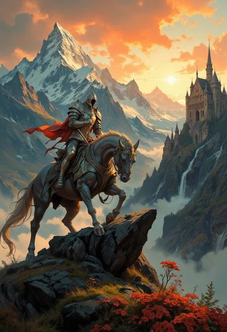 8k high quality digital painting , masterpiece, very detailed, ultra realistic, (best quality) very detailed epic masterpiece,
unearthly beautiful, a breathtakingly beautiful landscape in the French Alps, in the foreground a shiny knight riding on a dragon watches a beautiful castle in the distance, the low yellow-red sun casts long shadows, enchanting landscape, fairytale-like, calm mood, flowers in the foreground, realistic