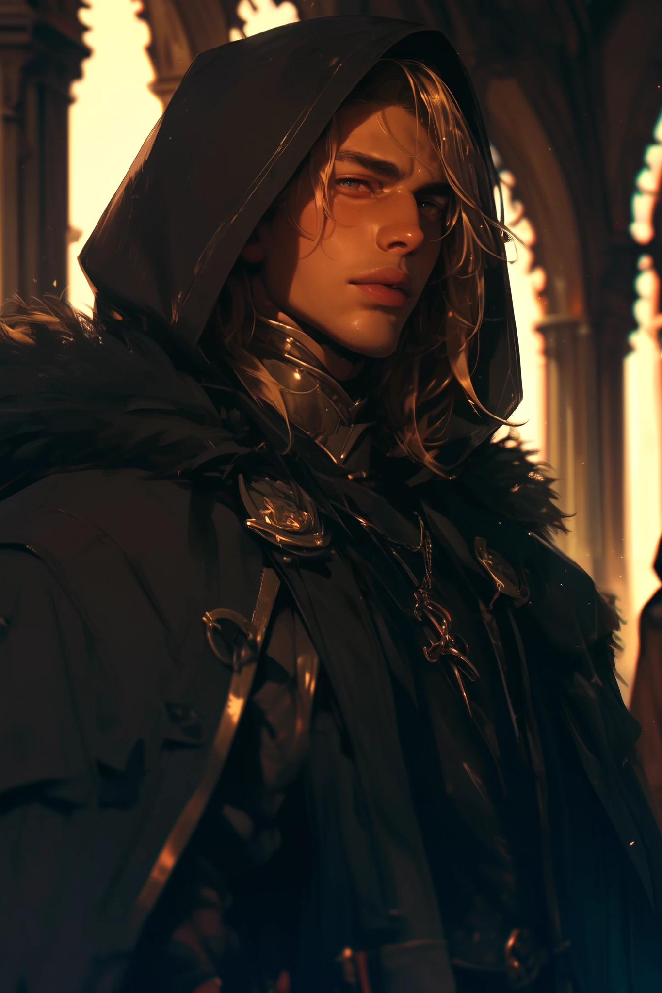 cloak, 1man, hood up, solo focus, depth of field, 