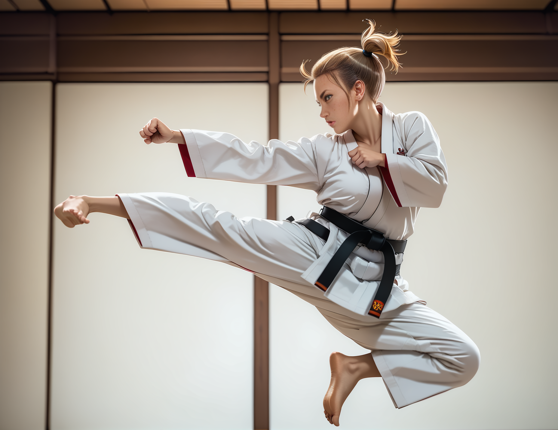 score_9, score_8_up, score_7_up, jusiki, side view, (slim 25yo female), doing a high jump sidekick, in dojo. karate uniform and black belt,short blonde ponytail <lora:JumpedSideKickPony-000007:1>