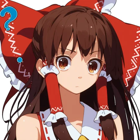 score_8, score_8_up, score_7_up, source_anime, anime screenshot, clagwimoth, confused, ?, portrait, 1girl, solo, female focus, bare shoulders, | |, looking at viewer, reimu hakurei, brown eyes, brown hair, bow, hair bow, hair tubes, long hair, red bow, sidelocks, simple background, white background