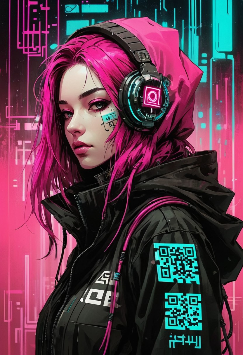 mechanical parts, wires, cables, cyberpunk, closeup portrait of a woman with a half robot face, pink/white/black/cyan colored, assassinkahb style, closeup photo of an wired-cyborg assassin with half robot face wearing a black high collar hooded parka with technical macro writing resembling an qr-code//bar-code on the back, solo, woman, high collar parka, upper body,, female focus, long hair in wind, weapon, clothes writing, israeli flag, glitches squares in random places, 
 NEG-fixl-2, assassinkahb style, illustration, traditional media, drawing, abstract, cyberpunk, TL1_Reelmech