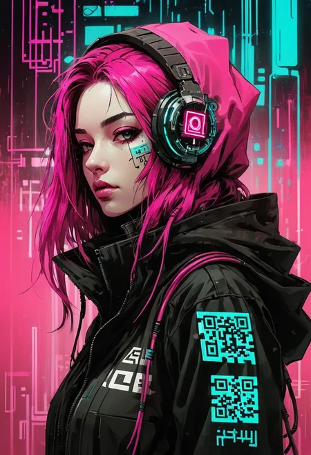 mechanical parts, wires, cables, cyberpunk, closeup portrait of a woman with a half robot face, pink/white/black/cyan colored, assassinkahb style, closeup photo of an wired-cyborg assassin with half robot face wearing a black high collar hooded parka with technical macro writing resembling an qr-code//bar-code on the back, solo, woman, high collar parka, upper body,, female focus, long hair in wind, weapon, clothes writing, israeli flag, glitches squares in random places,
NEG-fixl-2, assassinkahb style, illustration, traditional media, drawing, abstract, cyberpunk, TL1_Reelmech