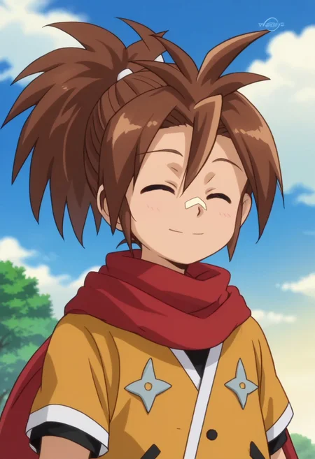 score_9, score_7_up, source_anime,
sasuke, 1boy, male focus, solo, brown eyes, brown hair, ponytail, bandaid, bandaid on nose, shirt, orange shirt, short sleeves, scarf, red scarf, smile closed mouth
outdoor, sky, tree, cloud, upper body,
