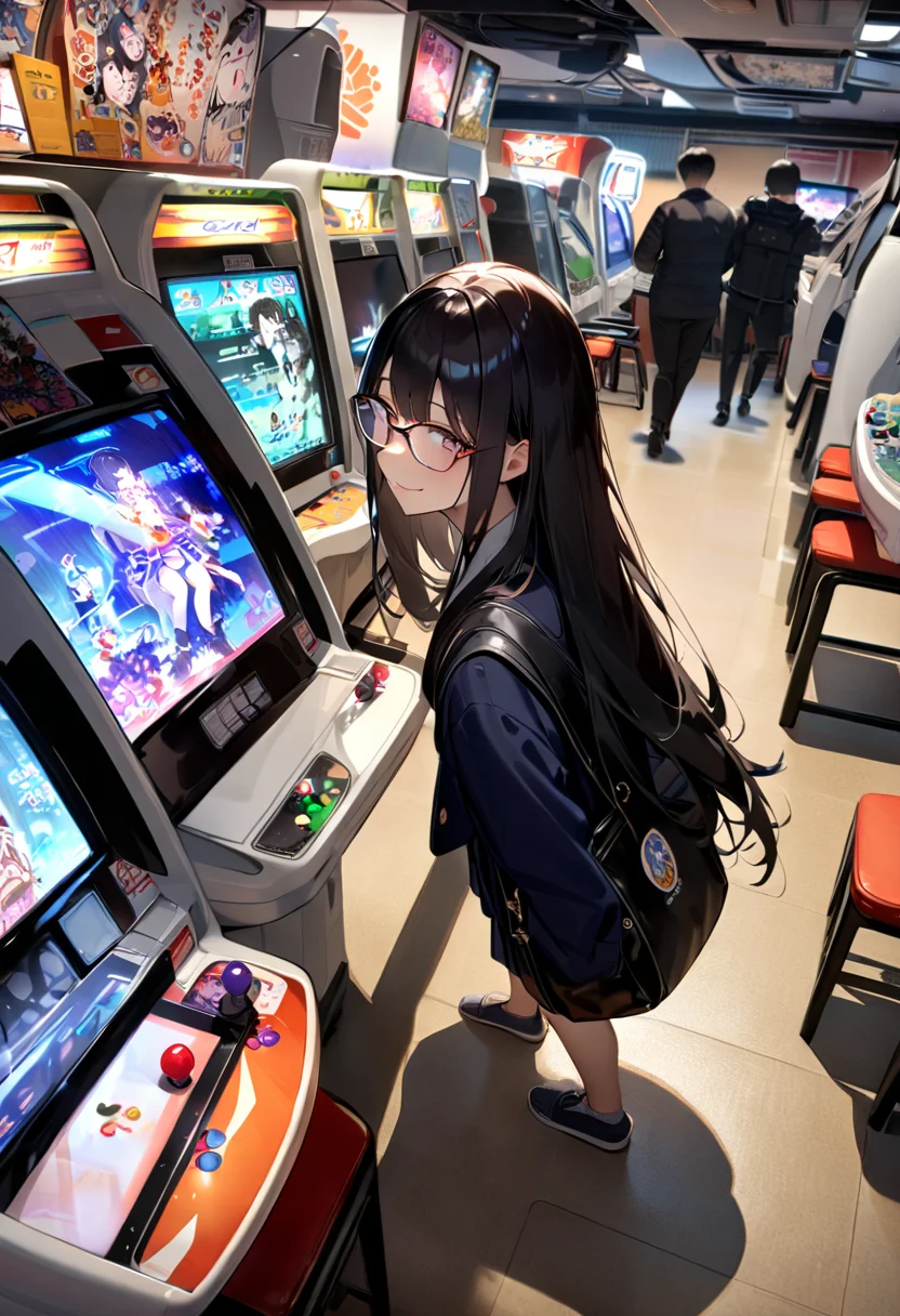 masterpiece, best quality, very aesthetic, absurdres,
1girl, solo, glasses, black hair, long hair, navy jacket, navy pleated skirt, black bag, smile, looking at viewer, solo focus,standing,
game_center, scenery, japan, arcade cabinet, scenery, chair, poster (object), monitor
<lora:game_center_SDXL_V1:1>