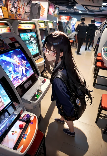 masterpiece, best quality, very aesthetic, absurdres,
1girl, solo, glasses, black hair, long hair, navy jacket, navy pleated skirt, black bag, smile, looking at viewer, solo focus,standing, 
game_center, scenery, japan, arcade cabinet, scenery, chair, poster (object), monitor
<lora:game_center_SDXL_V1:1>