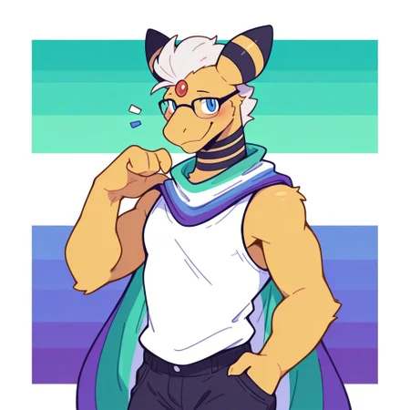 solo, furry, furry male, 1boy, male focus, anthro,
wolfanine, Flatline, Flat vector illustration, vibrant color, flat color, no lineart, bedroom, abstract background, (detailed eyes, blue eyes),
ampharos, pokemon (creature), male, ((red gem, forehead gem)), fur, ((glasses)), yellow body, black stripes, white hair, short hair, white chest, digitigrade,
vincian, vincian pride colors, pride color background, simple background, pride color palette,
black shorts, pride color shirt, pride color clothing, tank top, pride color cape,
looking at viewer, ((portrait, half body, upper body)), bed, bedroom, smiling, smile, mouth open, friendly, mouth open, blush, blushing,
masterpiece, best quality, absurdres, newest, perfect quality, best quality, intricate details, highres, 4k quality, HD, newest