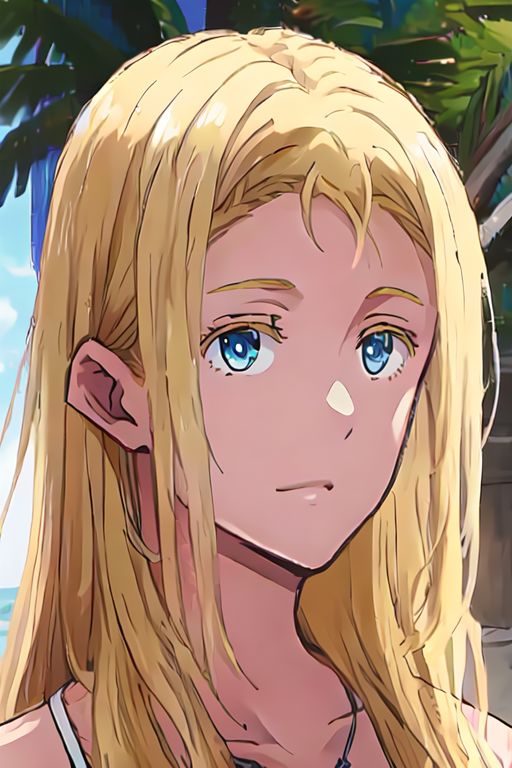 kofune ushio, blonde hair, blue eyes, very long hair, straight hair, one-piece swimsuit, shell necklace