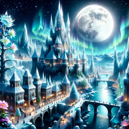 Masterpiece,8k,absurd resolution,I
ImaginaryCityScapes,icy city,flower,outdoors,sky,water,tree,night,moon,building,star (sky),night sky,scenery,full moon,starry sky,crystal,mountain,city,fantasy,bridge,castle,tower,aurora
,<lora:City_scapes_XL:0.6>