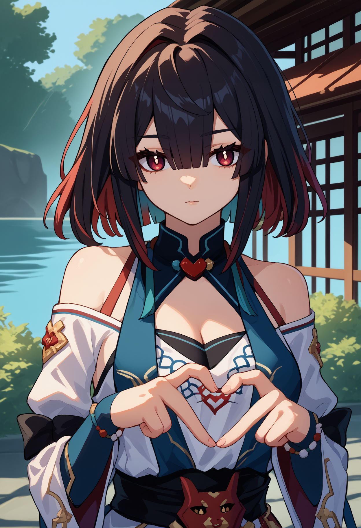 score_9, score_8_up, score_7_up, source_anime, <break> upper body, solo, 1girl, xueyi, expressionless, looking at you, standing, 4-finger heart hands, heart hands, colored inner hair, black hair, red hair, red eyes, chinese clothes, white shirt, off-shoulder shirt, jewelry, bare shoulders, cleavage, medium breasts, outdoors
<segment:yolo-face_yolov8m.pt,0.4,0.5//cid=1>