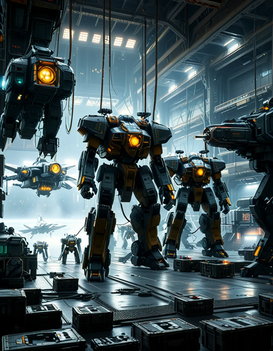 A massive, futuristic spaceship hangar filled with towering battle mechs undergoing maintenance. The hangar is dimly lit, with industrial lighting casting a cold, bluish glow over the metallic surfaces. The high ceiling is lined with steel support beams, catwalks, and suspended cranes used for repairing the massive war machines. The walls are adorned with warning signs, control panels, and illuminated holographic displays providing diagnostic data on the mechs. In the foreground, a colossal mech stands on a heavy-duty platform, its armored plating showing signs of battle damage, with exposed mechanical parts being worked on by robotic arms. The ground is marked with yellow hazard lines and scattered with tools, power cables, and spare parts. Steam rises from various vents, adding to the gritty, industrial feel. In the background, more mechs are stationed in docking bays, with their weapons and mechanical limbs being adjusted by automated repair systems. A large open bay door at the far end reveals the vastness of space, with distant stars and a massive planet visible beyond the hangar. The scene is detailed, immersive, and full of high-tech military sci-fi energy.
<lora:SDXLFaeTastic2400:0.4> <lora:extremely_detailed:0.4> extremely detailed,<lora:mechwarriors_spaceship_h4ng4r:1>,mechwarriors spaceship h4ng4r, Masterpiece,best quality,hi res,8k,hi res,8k,award winning,(sharp focus, intricate, highly detailed),