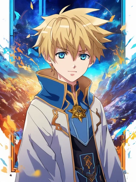 anime artwork a young boy Leon Raymond, blonde hair, blue eyes, complex background, dystopia, wearing an aegis dress with serious looking, 8k, uhd, (masterpiece, best quality, ultra-detailed, best shadow), long sleeves, magic, (detailed background,dark fantasy), depth of field,black light particles, symbol-shaped_pupils, 11 years old, solo, 1boy, (full body), <lora:Leon Raymond v1:0.8> . anime style, key visual, vibrant, studio anime, highly detailed