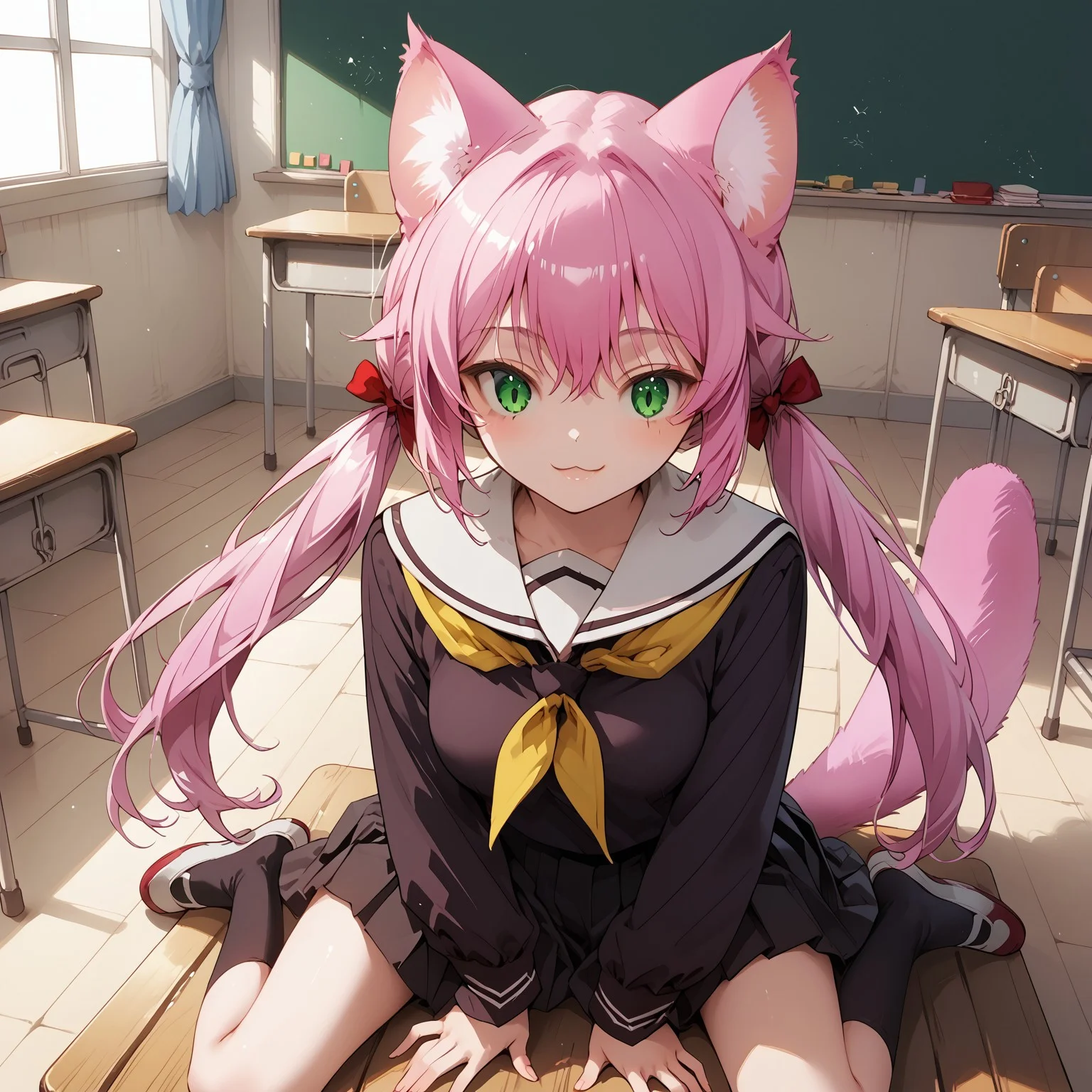 safe_pos, score_9, score_8_up, score_7_up, source_anime, highly detailed,beach1girl, animal ears, solo, tail, green eyes, skirt, yellow neckerchief, school uniform, long hair, smile, cat ears, full body, pleated skirt, twintails,neckerchief, pink hair, animal ear fluff, cat tail,indoors, classroom, medium breast