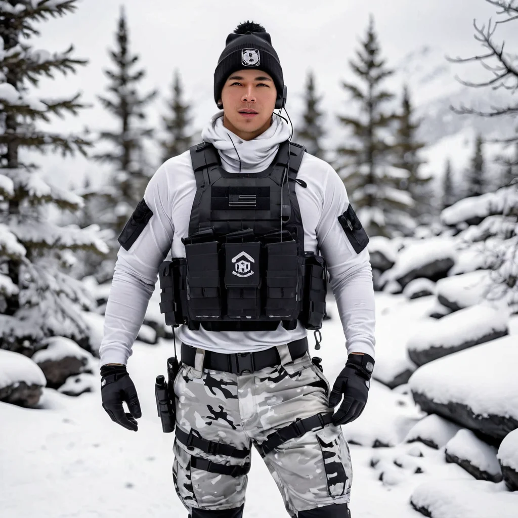 a full body disposable photograph of a male soldier wearing white snow camo tactical pants and park with a chest rig, wearing a black beanie with headphones, on a snowy mountain <lora:Tact_Perp2-000009:0.45>
