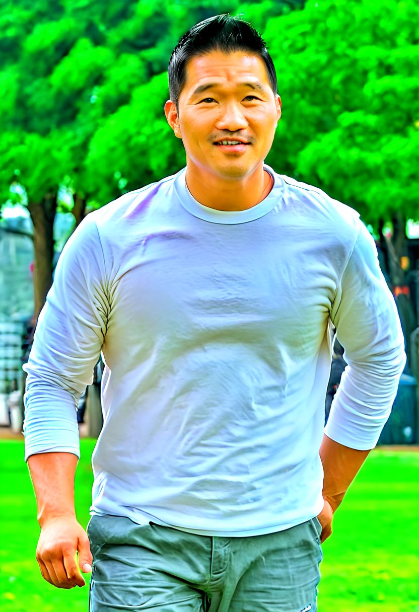 (((htkangface))), daddy,  natural face expression, (((detailed HtKangface))), fixed htKangface Photorealistic, realistic, masterpiece, intricate details, detailed background, depth of field, photo of a handsome, dynamic pose, natural face expression, (((looking at viewer))), high detail, high quality, male focus,  ((white shirt)), ((pants)), ((park background)), full body