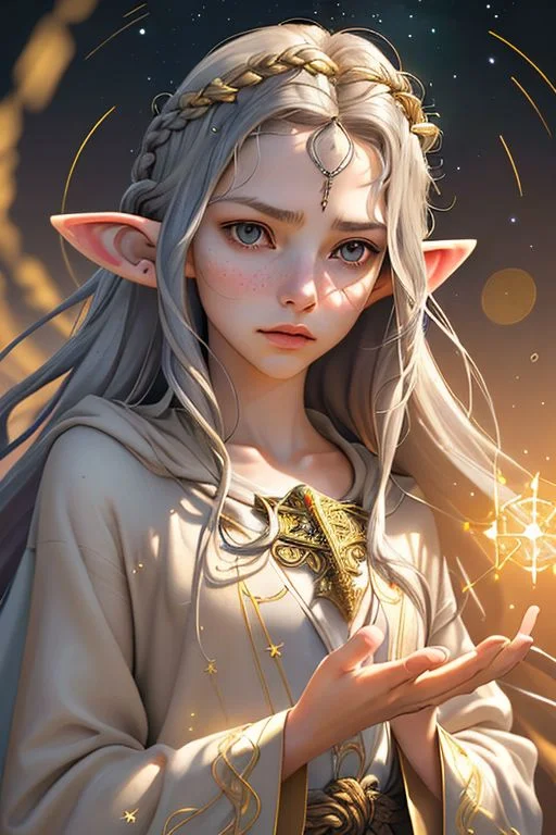 Portrait of a beautiful queen, 18yo, casting a spell, (small natural pointed ears:1.4), very long braided golden hair with silver highlights, gold circlet, (lips speaking a spell), large light grey eyes, sorrowful, medium breasts, (finely embroidered gossamer tunic and robe with stars design), random pose, outdoors, star filled sky, golden hour, professional hyperrealist art by Chuck Close, sharp focus, dramatic, award winning, dtx, (depth of field blurry background, blurry foreground, bokeh, (masterpiece), (extremely intricate:1.3), (hyperrealistic), HD