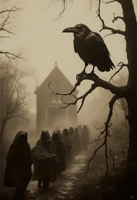 A hyper-realistic image of a large raven perched on the branches of a tall dead tree in a scary ancient English forest looking down at a procession of hooded cloaked cultists carrying off a sacrificial victim virgin girl towards a creepy dark place in the woods, hyperrealistic, scary, extreme detail, intricate details, fog, mist, drizzle, vicgoth, sepia toned photograph, aidmaMJ6.1