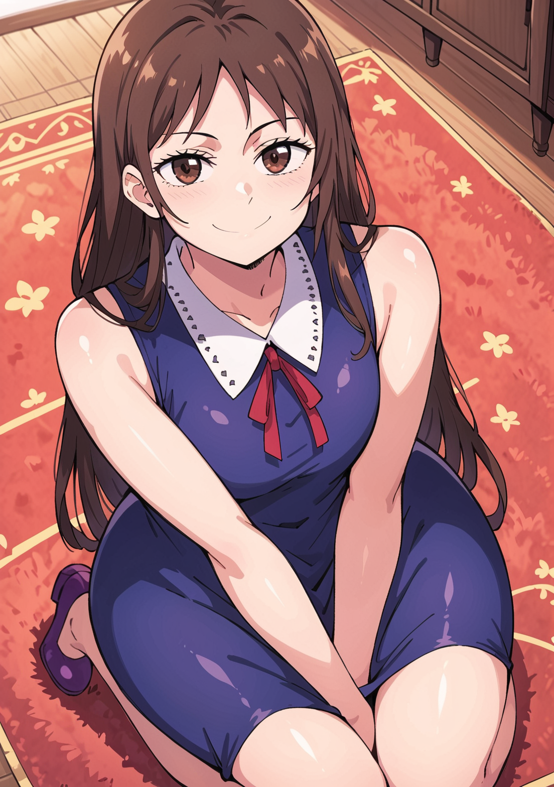 score_9, score_8_up, score_7_up, source_anime,  Rika Orimoto, Rikaorimotopony, blue dress, twirling, (brown eyes, black pupils),  legs, red ribbon, sleeveless, brown hair,  long hair, on knees, from above, looking at viewer, smug,  indoors, rug,  medium hips,  purple footwear   <lora:orimoto_rika-000001 (1):1>