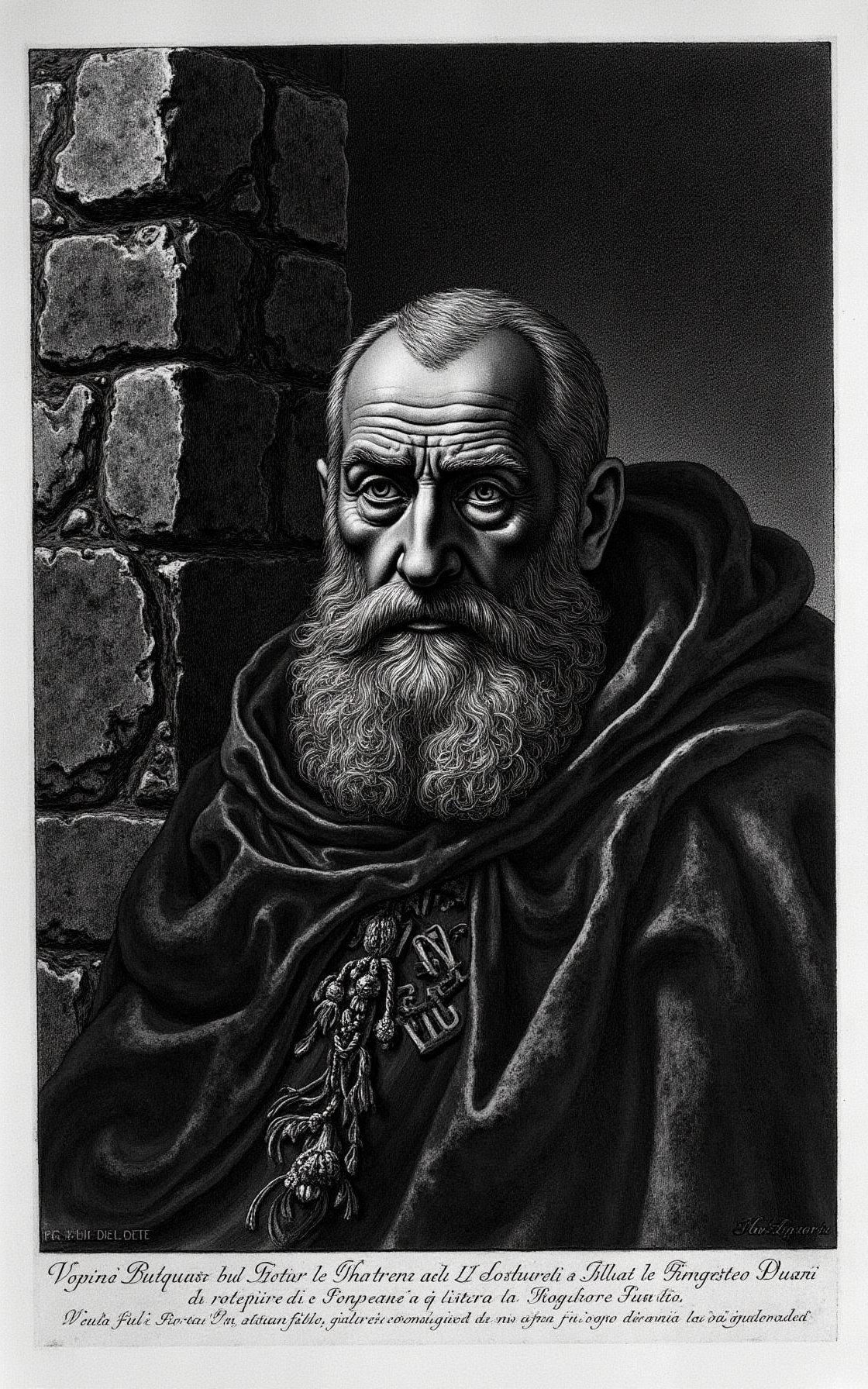 YFG-Pira, Create a detailed, high-contrast etching-style image of a middle-aged man with a thick, bushy beard and piercing gaze, wearing a worn velvet cloak with intricate embroidery, set against a dark, rough-hewn stone background with visible texture and subtle gradient, his face half-lit by a faint, overhead candlelight, in the manner of Giovanni Battista Piranesi's plates from "Le Antichità Romane", rendered with deep lines and fine details to evoke a sense of worn, antique nobility.