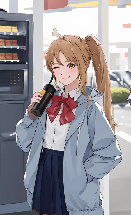 1girl, alternate eye color, black skirt, bow, bowtie, braid, brown eyes, closed mouth, collared shirt, hair between eyes, hand on own hip, hand up, hood, hooded jacket, jacket, long hair, long sleeves, looking at viewer, one eye closed, open clothes, open jacket, pink bow, pink bowtie, polka dot, polka dot bow, polka dot bowtie, ponytail, puffy long sleeves, puffy sleeves, shirt, sidelocks,skirt, smile, solo, standing, v-shaped eyebrows, white shirt,vending machine, (night:1.2), street, <lora:ichijiNijikaBocchiThe_v10a:1>