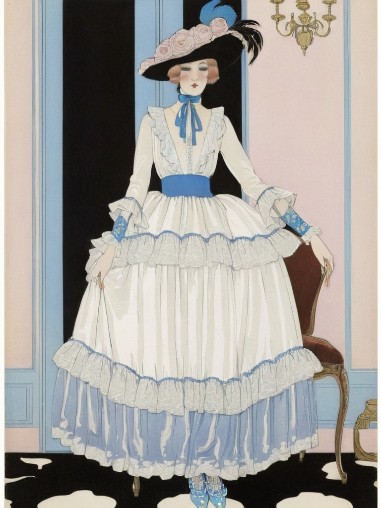 <lora:sdxl_George barbier v1.0:0.8>,best artwork of george barbier,  magazine,1920s fashion,illustration, flat illustration, 1girl, (elegant-inspired motif:1.2), white lace, ruffles, (closed collar long-sleeved blouse with frilled and ribbon:1.2), ((various kinds of colored:1.2) velvet with golden embroidery aesthetic cottage-core Renaissance (long:1.3) dress with (lots of layered frills:1.2) and ribbons:1.2), (pearls:1.2), choker, (lace ruffle socks:1.2), platform shoes,, masterpiece, best quality,absurdres,highres,ultra detailed,official art,
BREAK