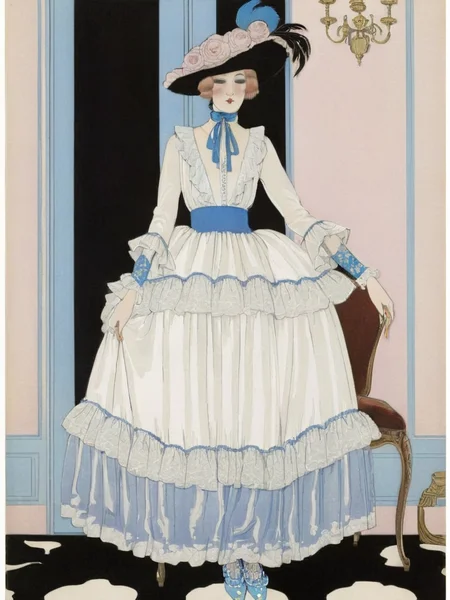 <lora:sdxl_George barbier v1.0:0.8>,best artwork of george barbier, magazine,1920s fashion,illustration, flat illustration, 1girl, (elegant-inspired motif:1.2), white lace, ruffles, (closed collar long-sleeved blouse with frilled and ribbon:1.2), ((various kinds of colored:1.2) velvet with golden embroidery aesthetic cottage-core Renaissance (long:1.3) dress with (lots of layered frills:1.2) and ribbons:1.2), (pearls:1.2), choker, (lace ruffle socks:1.2), platform shoes,, masterpiece, best quality,absurdres,highres,ultra detailed,official art,
BREAK
