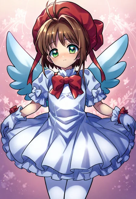 (zPDXL3), 
(zPDXLxxx), 
Expressiveh,
1girl, 
solo,
Kinomoto_Sakura,
green_eyes, brown_hair, short_hair, antenna_hair, hair_intakes, flat_chest, magical_girl, white_gloves, red_dress, puffy_sleeves, red_bow, white_pantyhose, frills, red_headwear, white_wings,
pose,