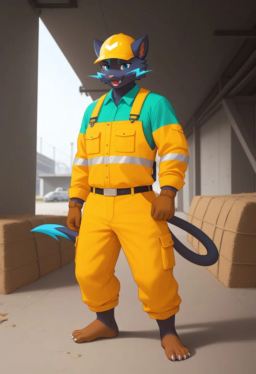 (((Barefoot furry character, full body, cinematic setting, furry male, plantigrade)))
(((Zeraora))) dressed as (((construction worker))), standing before (((building in construction))), (((wearing green shirt with long sleeves, orange reflex vest, brown gloves and long brown working trausers))), holding blueprints, orange protective helmet on head. semi-realistic animation
BREAK, intricate details, highly detailed, extreme detail, octane render, fine art, best quality, highres, (detailed face:1.5), ((full_body)), UHD, (((perfect hands))), ((low light:1.5))