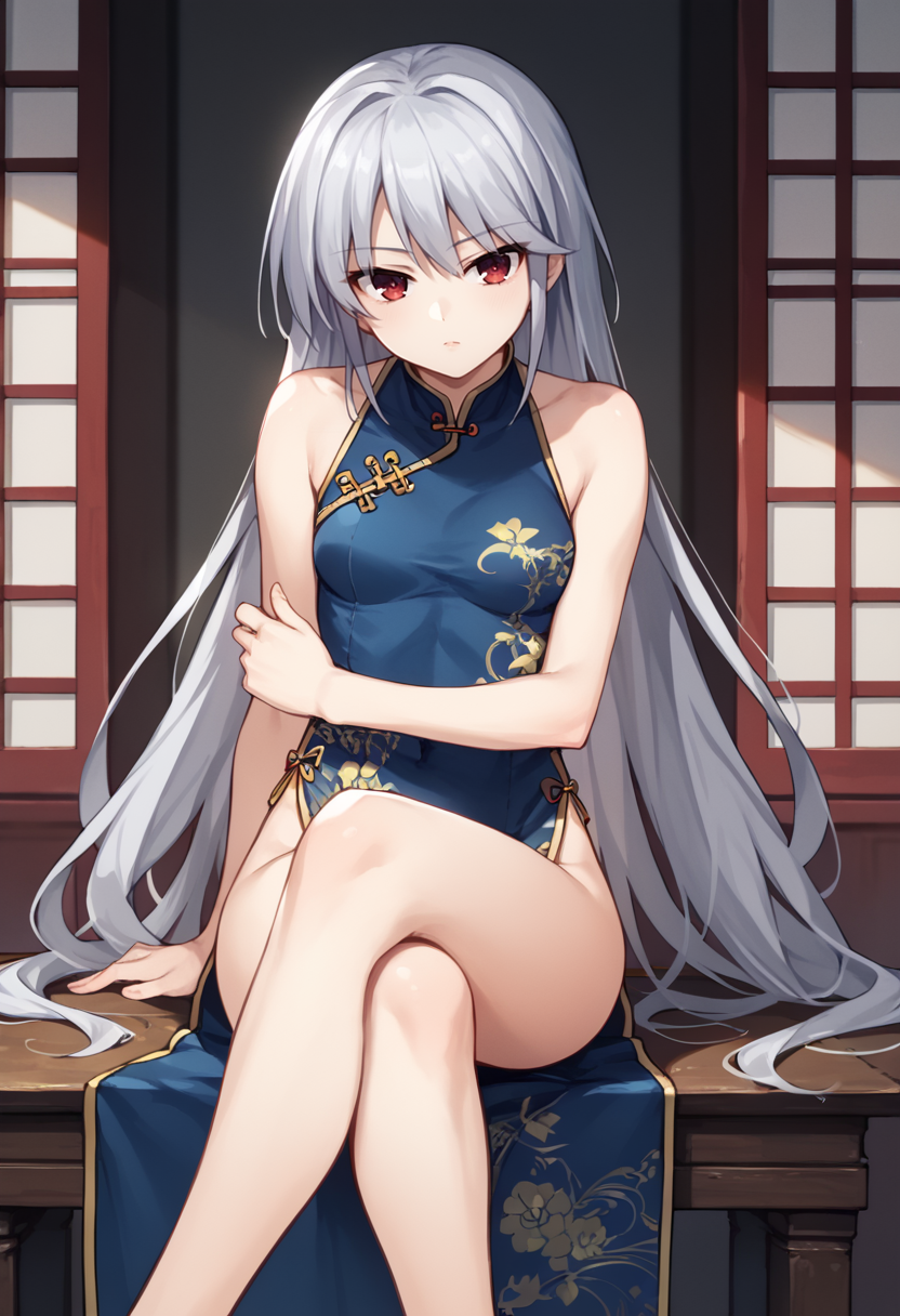 score_9,  score_7_up,   1girl, Kazuki, silver hair, long hair, red eyes, china dress, sitting, indoors, crossed legs, looking at viewer,  <lora:Kazuki Lora-000009:1>