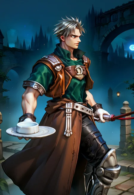 score_9, score_8_up, score_7_up, score_6_up, 1boy, view from side, (muscular:0.7), toned male, natgra, gray eyes, short hair, silver hair, steel greaves, plated footwear, brown skirt, black pants, green shirt, brown leather vest, silver belts, white gloves, silver chest plate, holding whip (weapon), large glowing red moon, (night:2), cloudy, red skies, stone bridge, (gothic aesthetic:1.3)