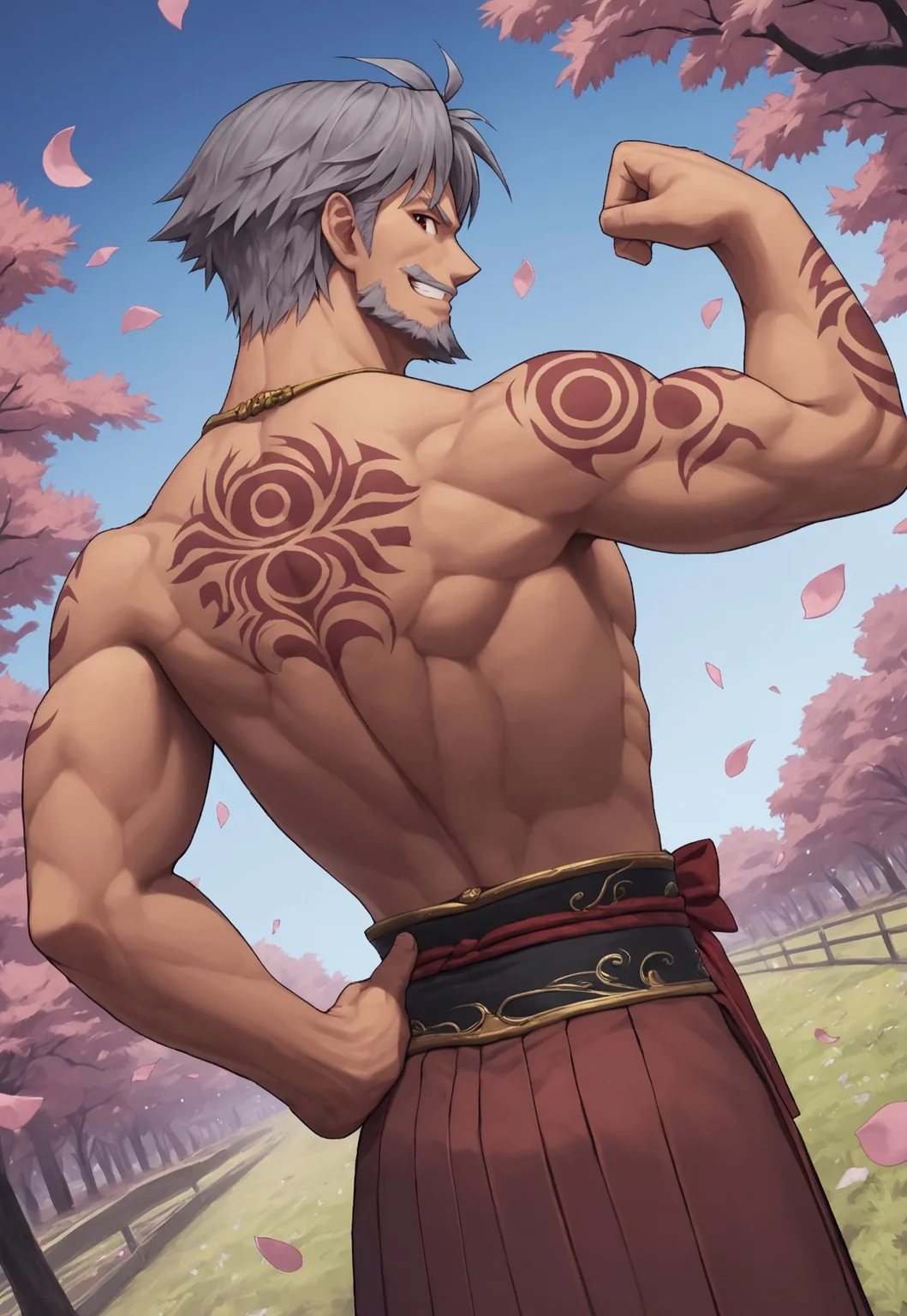 score_9, score_8_up, AdrayLasbard, mature male, grey hair, short hair, red eyes, facial hair, mustache, necklace, shirtless, muscular, arm tattoos, belt, hakama, upper body, detailed background, dynamic pose, open field, sakura trees, blue sky, dutch angle, petals on the wind, looking at viewer, smirk, cowboy shot, from behind, back tattoo, flexing, striking a pose, one hand on hip,