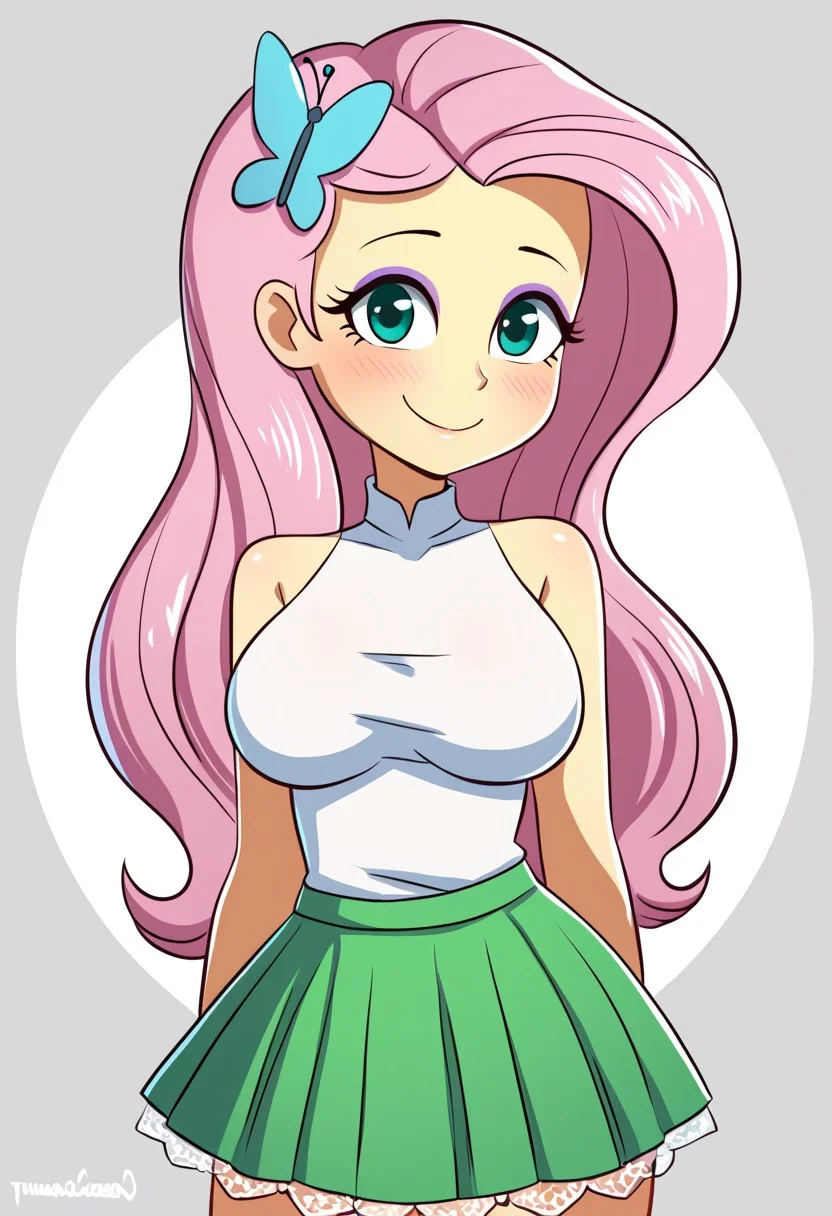 score_9, score_8_up, score_7_up, score_6_up, score_5_up, score_4_up, source_cartoon, <lora:confetti-extract- ponyxl:0.85>, detailed eyes, easynegative, rating_explicit, Expressiveh, 1girl, solo, blush, by cubedcoconut, cubedcoconut
fluttershy, long hair, Big breasts, looking at viewer, blush, hair ornament, pink hair, thighs, aqua eyes, eyelashes, butterfly hair ornament, yellow skin, eyeshadow, butterfly, colored skin, purple eyeshadow, smiling at viewer, shirt, skirt, white shirt, sleeveless, sleeveless shirt, bare shoulders, plain shirt, green skirt, butterfly print lace-trimmed skirt, miniskirt, bare arms,