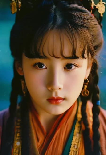 cinematic still a girl in hanfu is facing viewer, close-up. emotional, harmonious, vignette, 4k epic detailed, shot on kodak, 35mm photo, sharp focus, high budget, cinemascope, moody, epic, gorgeous, film grain, grainy, cinematic, extremely coherent, colorful, amazing detail