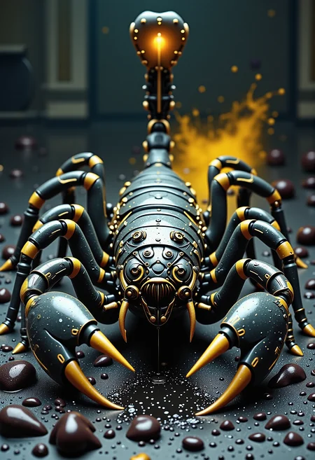 <lora:FluxCreative:0.85>, macro shot,  photo of a large mechanized scorpion with cameras for eyes, yellow laser powered stinger on tail, razor sharp pincers with jagged edges,crawling on black wet  surface, extreme close up, mechanized scorpion has robotic legs ending in sharp points, the glowing stinger is poised to strike, extremely detailed photography, complex machinery, every detail highlighted, deep shadows add a three  dimensional look to the photo, ominous, menacing, grim, scifi horror style, dramatic angle, <lora:boreal-train-v219-small-dataset-simple-caption:0.8> <lora:Flux_Detailer:0.85>