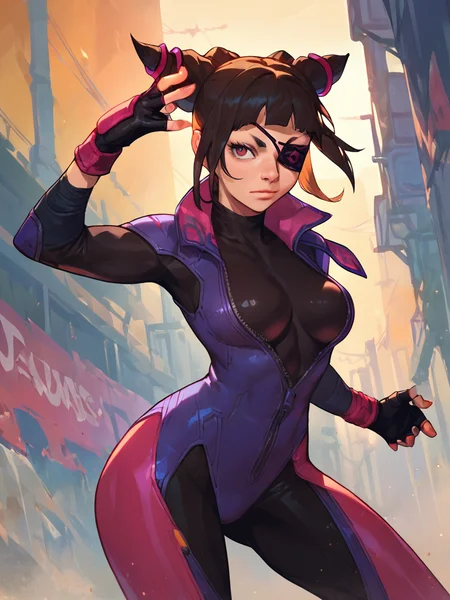 score_9, score_8_up, score_7_up, anime,
standing, cowboy shot,
jurims, sfv, 1girl, solo, fingerless gloves, hair horns, bodysuit, eyepatch,
<lora:Juri_PonyXL:1>, <lora:Smooth Anime Style LoRA XL:1>