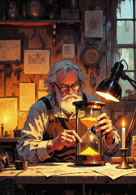 Masterpiece, best quality. wide shot, character is small compared to vast background. Concept art painting, intricate linework with expressive contrasts, golden low-key lighting with warm dynamic highlights. An old bearded artisan wearing spectacles and a dingy shop apron in a dimly lit workshop carefully crafting an intricate hourglass, lit by a vintage work lamp casting amber light. His weathered hands adjust the delicate glass bulbs as golden sand trickles through. The workspace is large with lamps and candles glowing through the hazy air, walls covered with antique tools, detailed sketches, and unfinished timepieces, evoking years of dedication. A single candle flickers nearby, casting a warm, nostalgic glow, its wax dripping steadily—symbolizing the passage of time.  The atmosphere is intimate and timeless, rich with warm, earthy tones and soft shadows. hand drawn, illustration, precise geometry, deep focus, detailed background, DB4RZ, DB4RZ style painting, aidmamj6.1